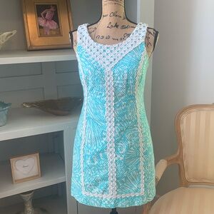 LILLY PULITZER McFarlane Shorely Blue Sea cups lace white dress S 4 designer